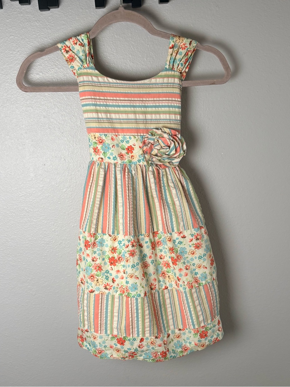 Bonnie Jean Patchwork Cream Floral & Stripe Sundress with Fabric Flower Size 6